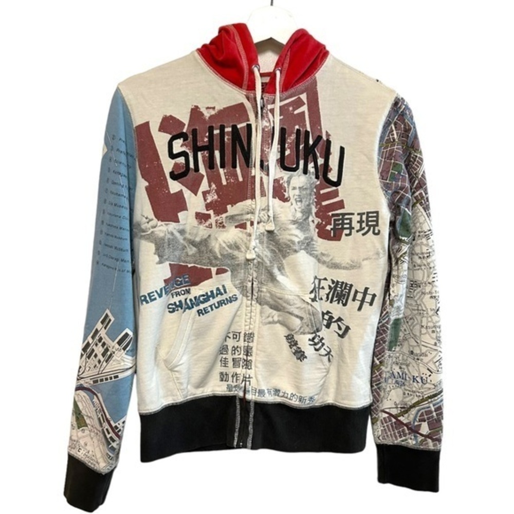 Vtg Y2K lucky brand S hoodie sweatshirt Japan city map graphic embroidery floral